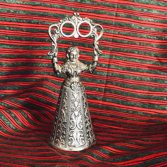 Vintage Ornate Silver plate Wedding Bell Woman holding Wedding Rings 6' x 2 1/2" - Picture 3 of 7